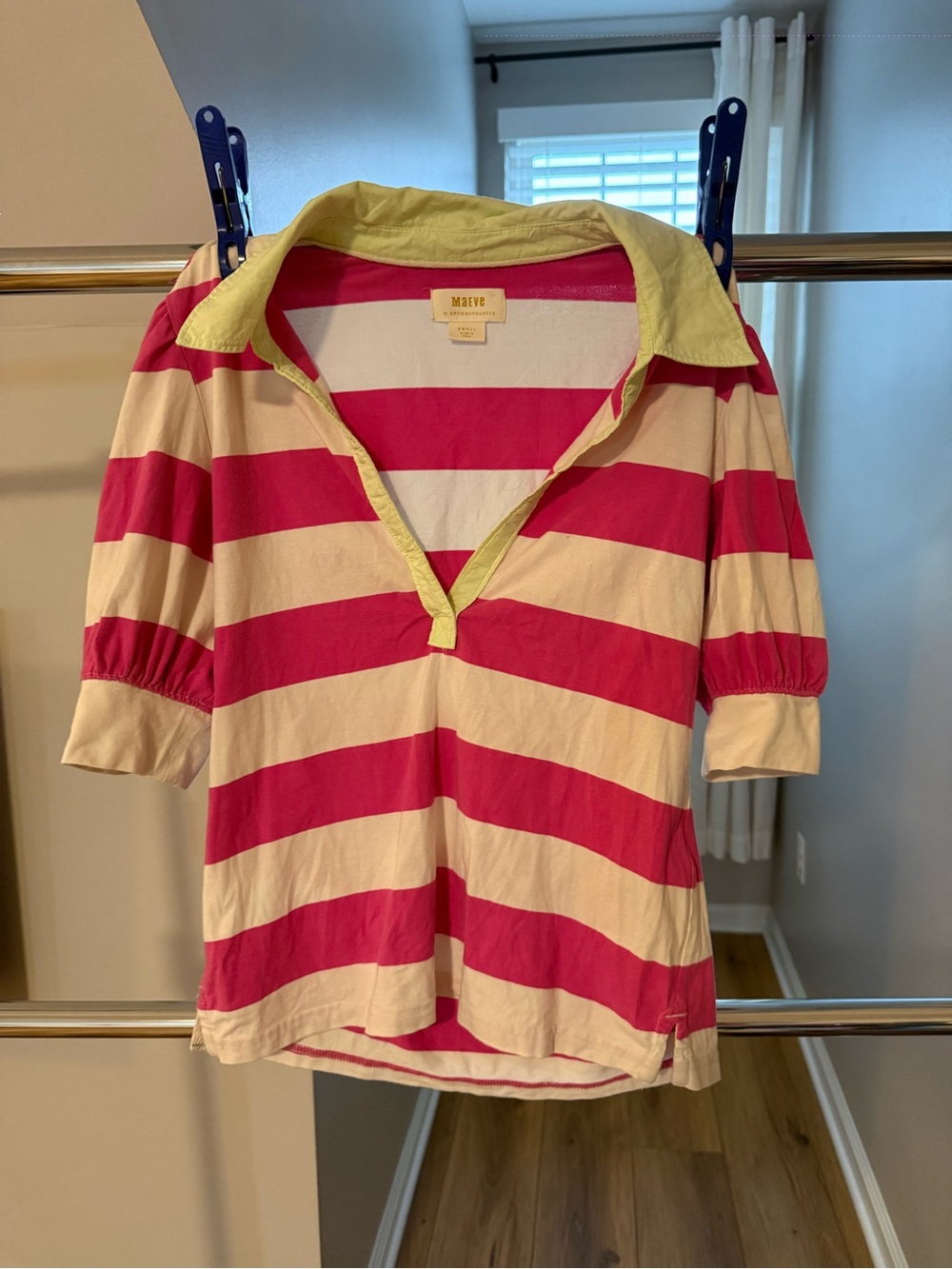 Maeve Pink and Cream Striped Polo Top with Light Green Collar